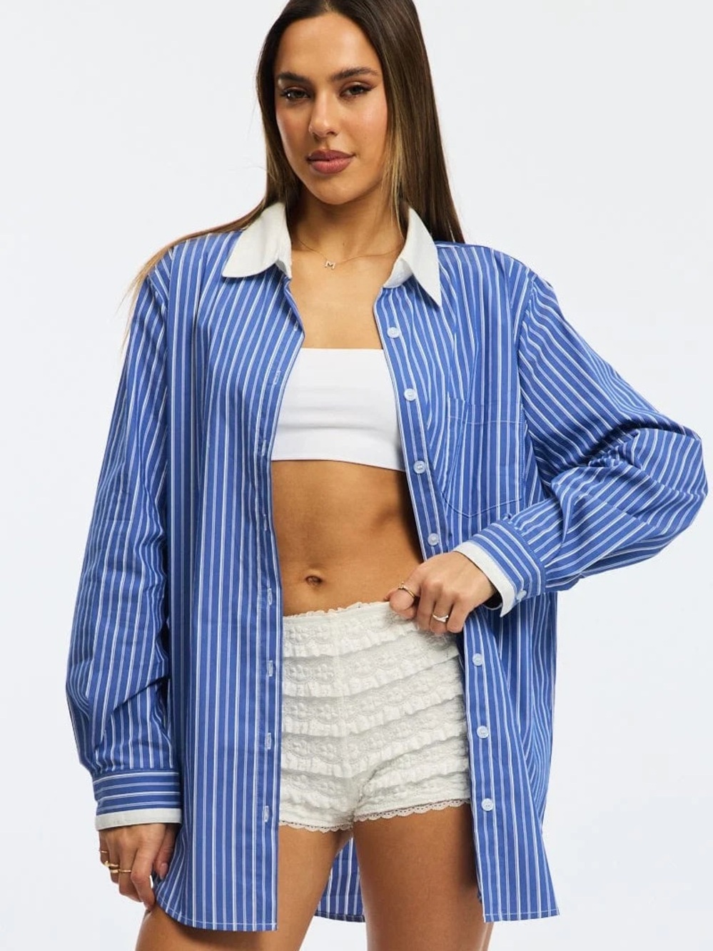 H&M Blue and White OVERSIZED Striped Button-Down Shirt